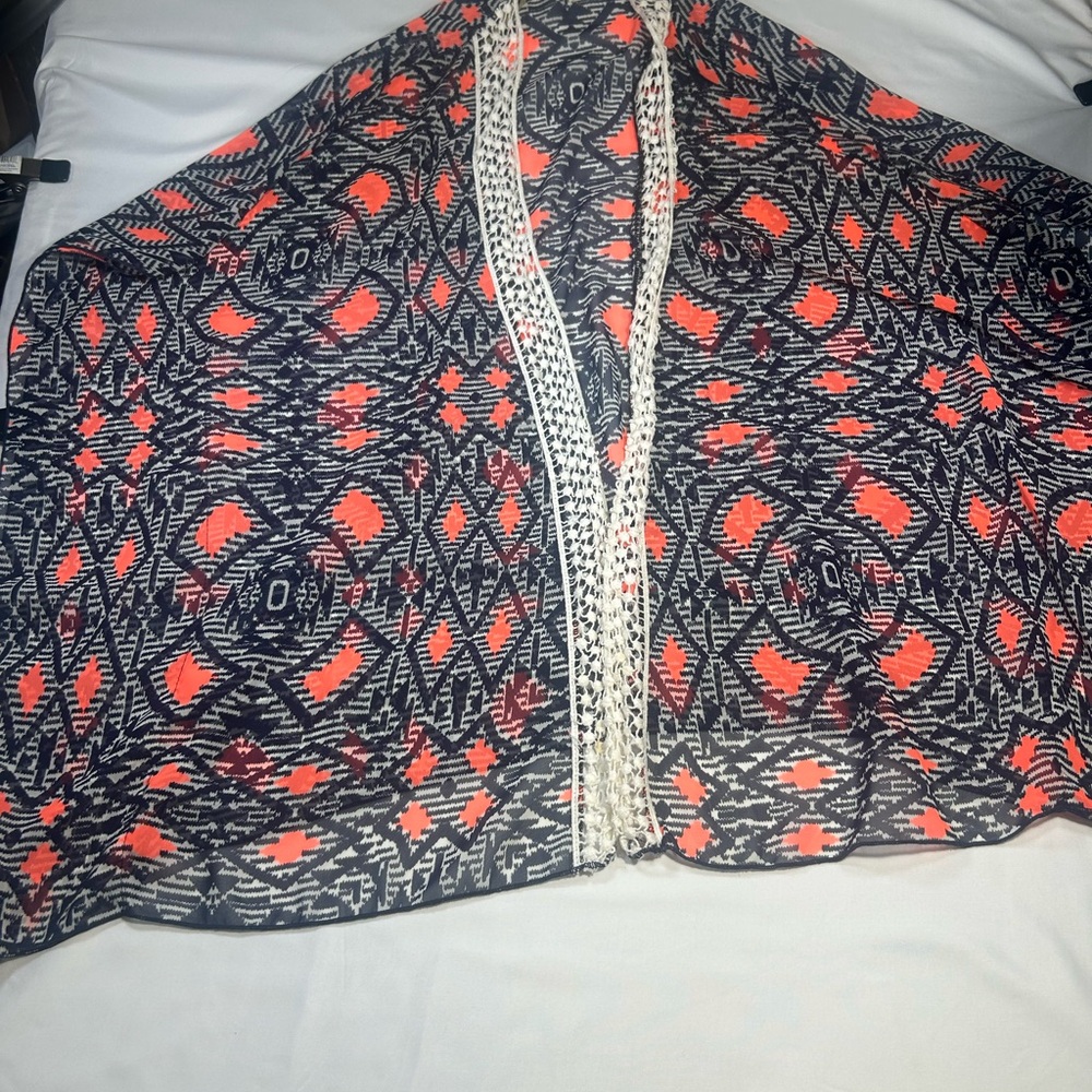 Boho Open-Front semi sheer kimono Cardigan - Navy & Coral